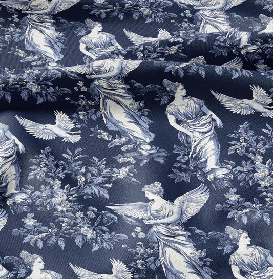 100% LINEN Fabric block print Greek Goddesses - white linen fabric with indigo blue print - heavy linen fabric for upholstery home decor