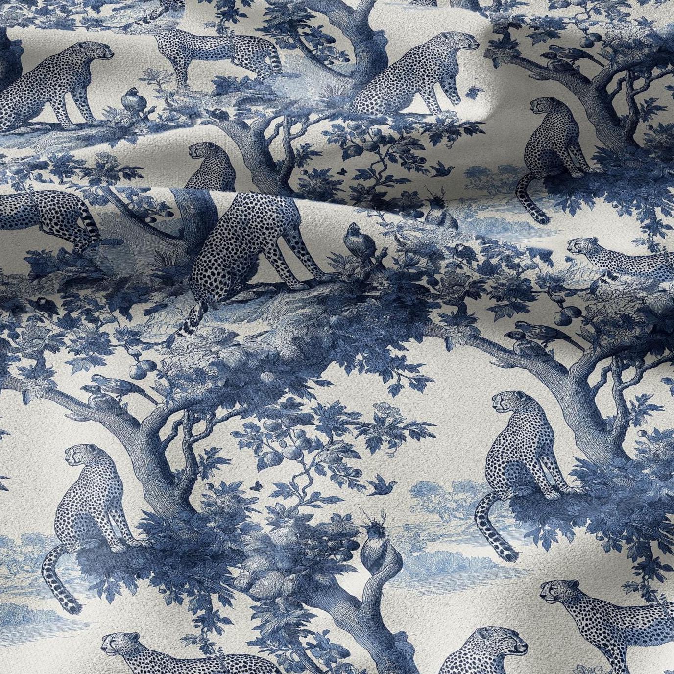 100% linen fabric Leopard print - Vintage toile de jouy blue botanical  - Historical pattern upholstery dress making 3343