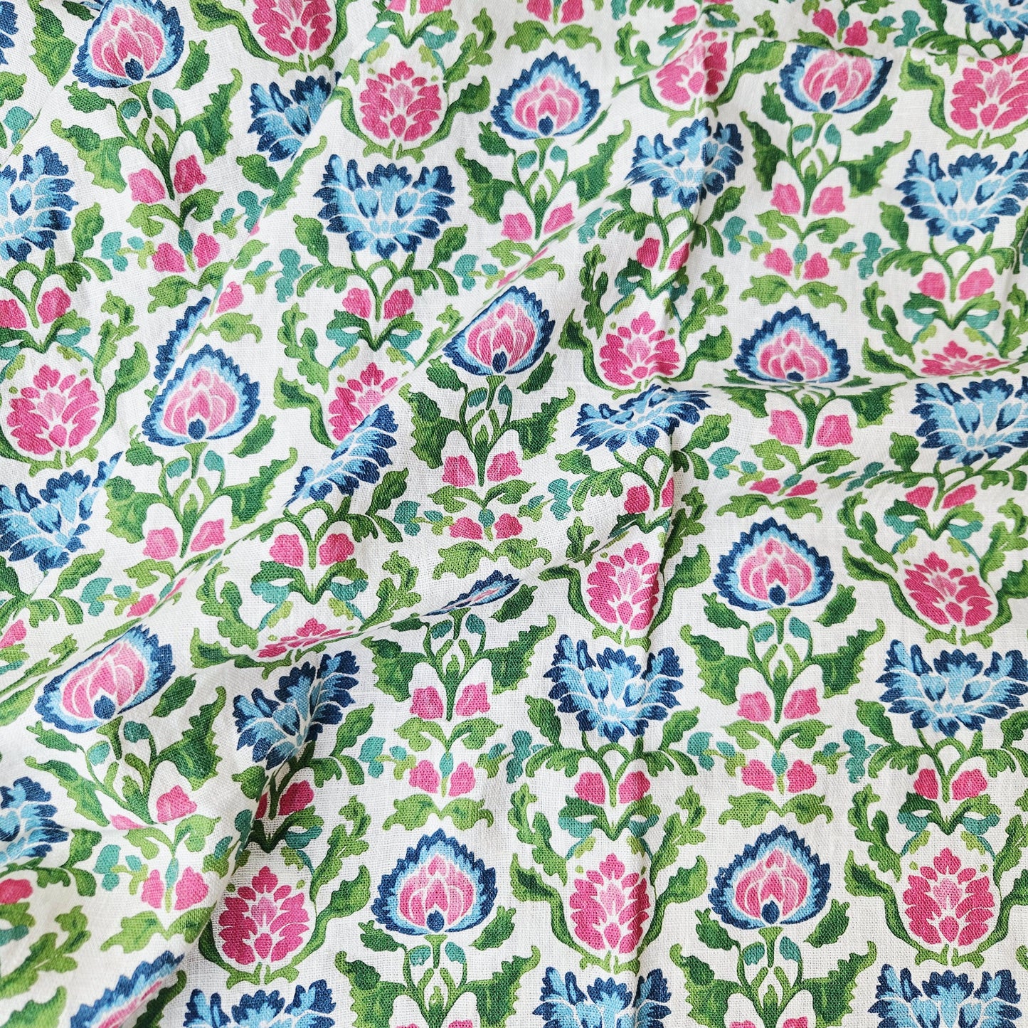 100% LINEN Fabric floral print on linen - Bright Botanical fabric large flowers pink blue green for upholstery curtains home textile 2646B