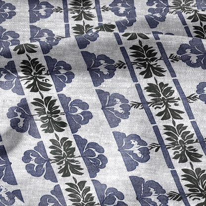 100% LINEN Fabric hand block print floral stripe - oatmeal linen fabric with blue green print - fabric for home decor upholstery