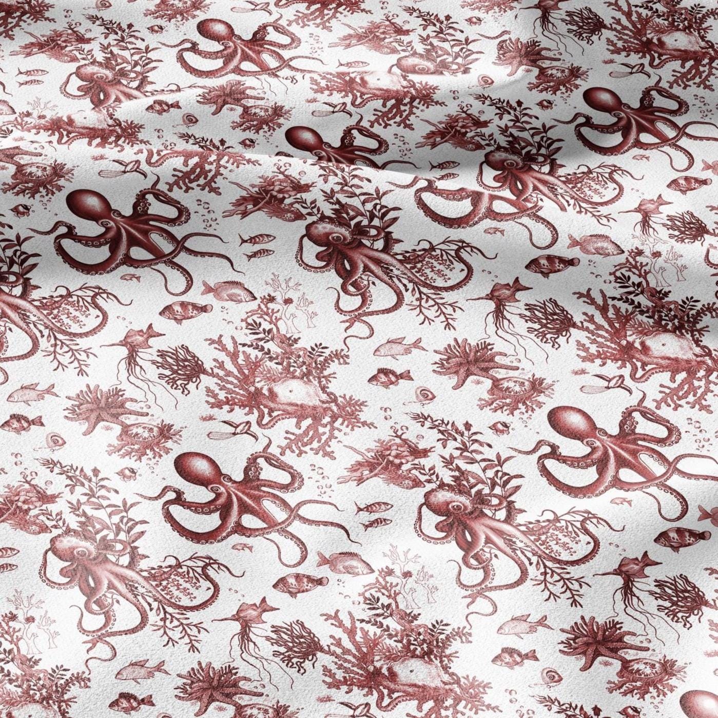 100% LINEN Fabric octopus linen - red white nautical fabric for upholstery home decor dress making 306R