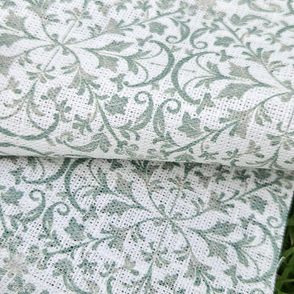 100% LINEN Fabric block print sage green on white - heavy linen fabric for upholstery home decor or medium for clothing 2559
