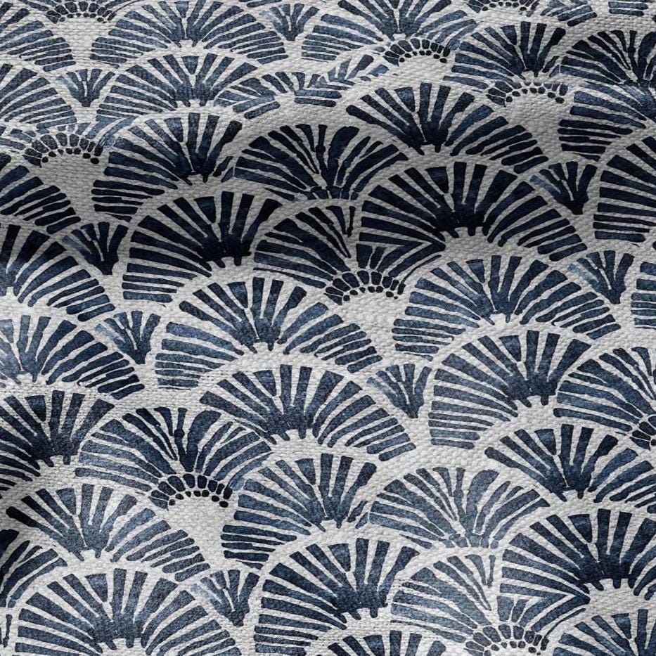 100% LINEN Fabric Block print blue fan - oatmeal linen fabric with japanese print - heavy for home decor clothing 2363