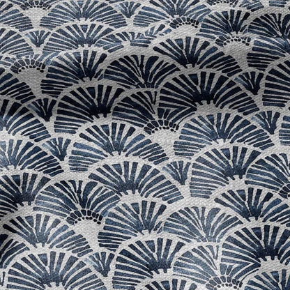 100% LINEN Fabric Block print blue fan - oatmeal linen fabric with japanese print - heavy for home decor clothing 2363