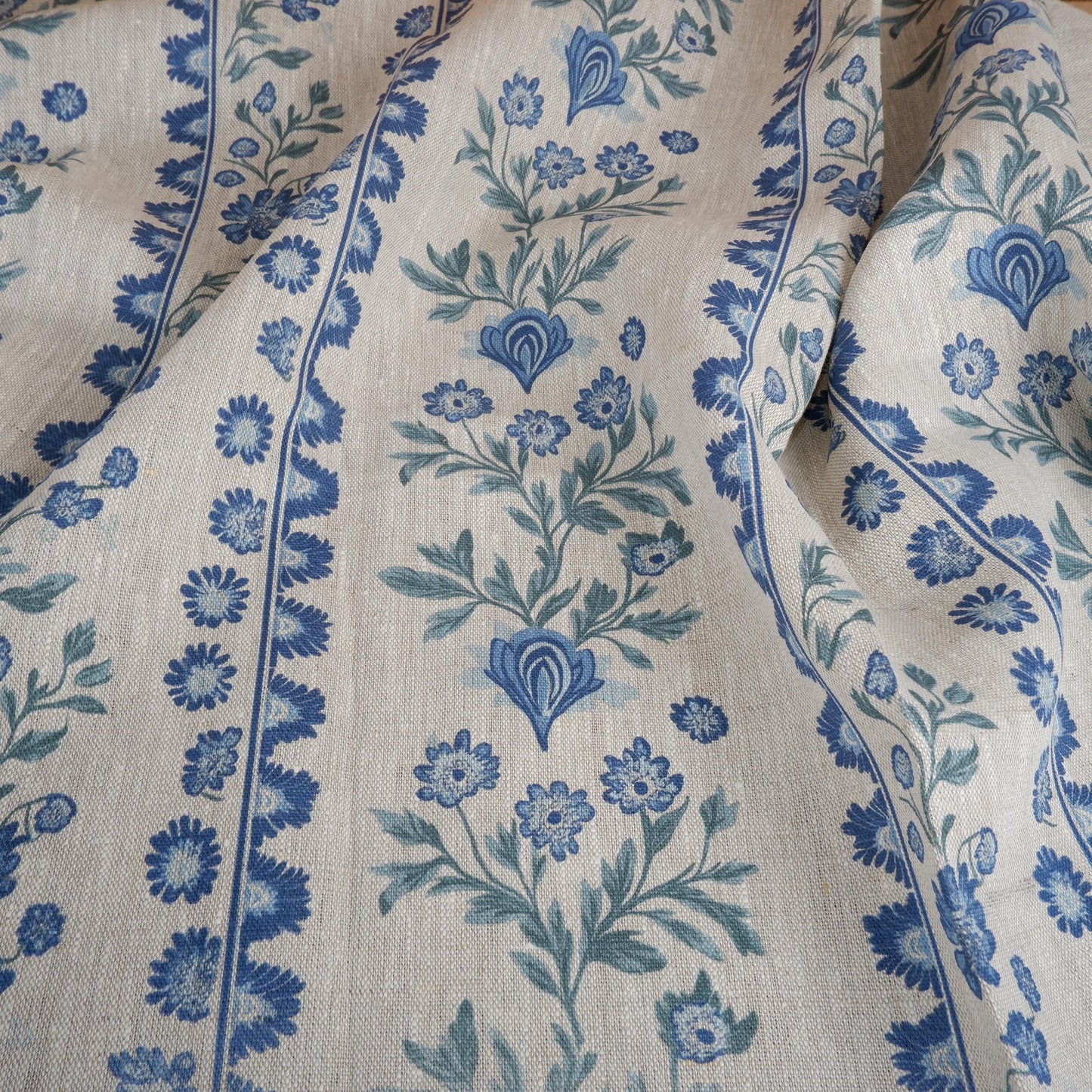 100% LINEN Fabric floral stripe print - oatmeal neutral fabric with blue green print - linen fabric upholstery home decor dressmaking 2153
