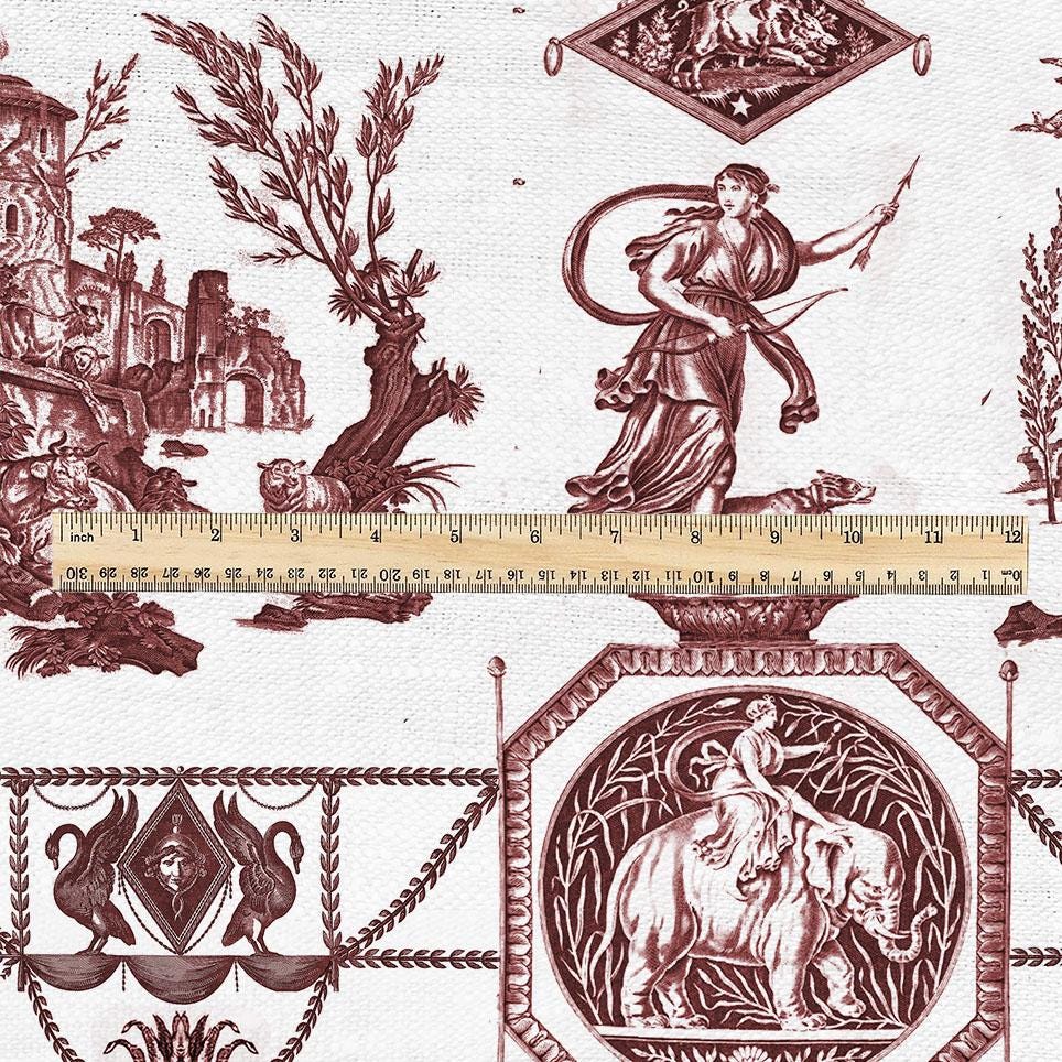 100% LINEN Fabric french red white print - Goddess Diana with Lion - toile de jouy - Diane chasseresse by Jean-Baptiste Huet 3419