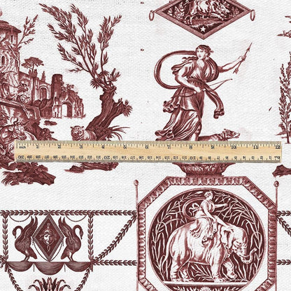 100% LINEN Fabric french red white print - Goddess Diana with Lion - toile de jouy - Diane chasseresse by Jean-Baptiste Huet 3419