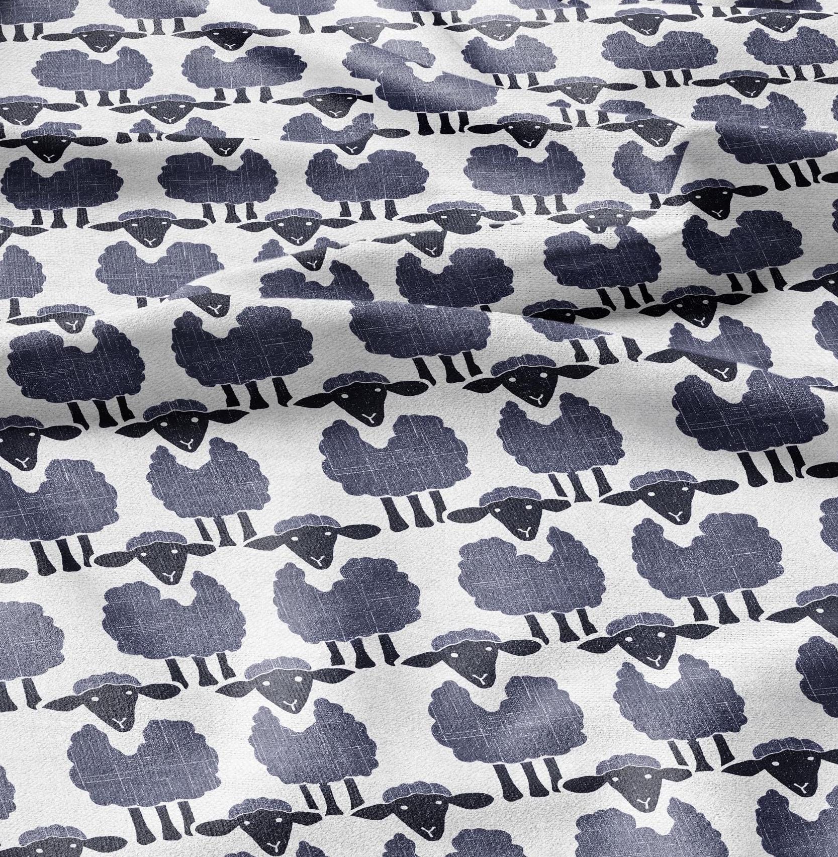 100% LINEN Fabric Sheep blue white - white graphic fabric print - Scandinavian linen Modern Nursery fabric