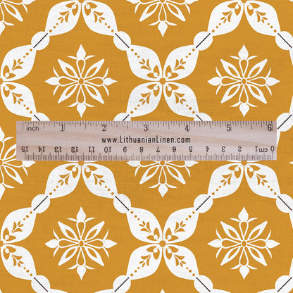 100% LINEN Fabric yellow - geometric block print- for upholstery home decor - medium for dress making 2922
