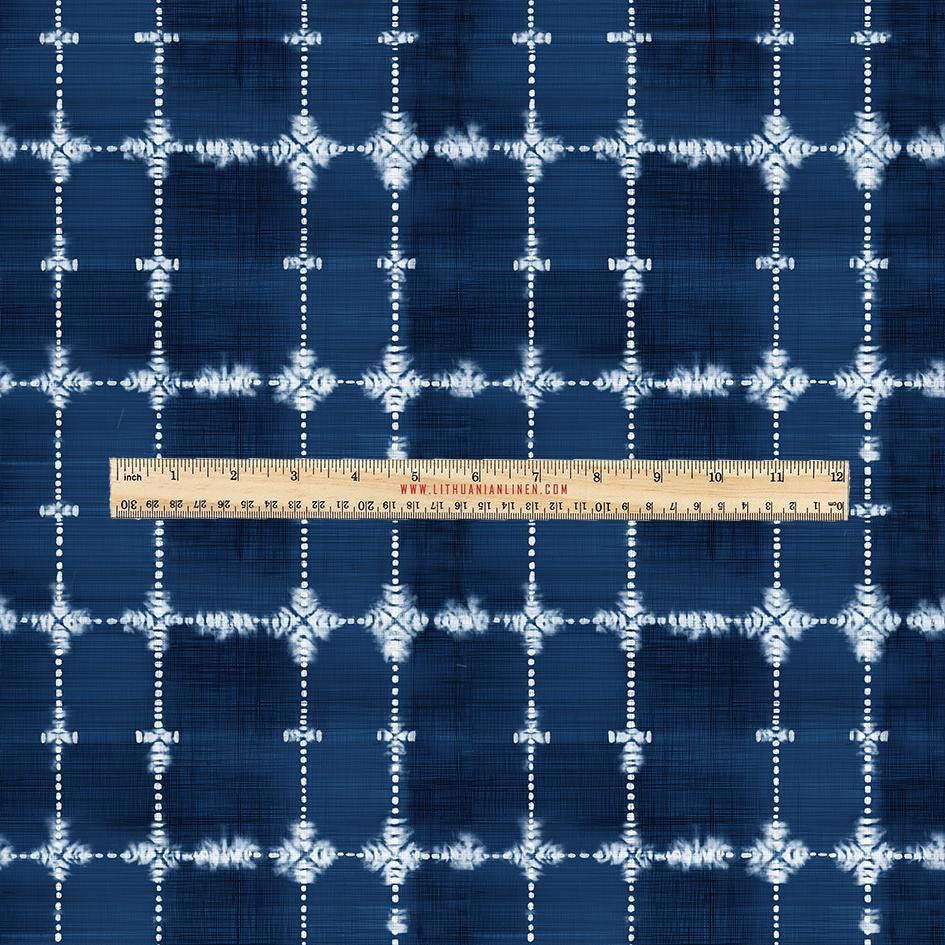 100% LINEN Fabric UPHOLSTERY 12oz - Indigo Shibori abstract window checks - Modern Geometric Dark Blue Neutral Minimal upholstery 2982