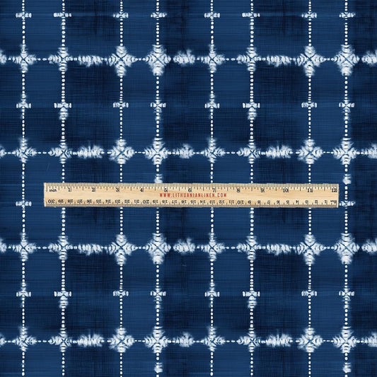 100% LINEN Fabric UPHOLSTERY 12oz - Indigo Shibori abstract window checks - Modern Geometric Dark Blue Neutral Minimal upholstery 2982