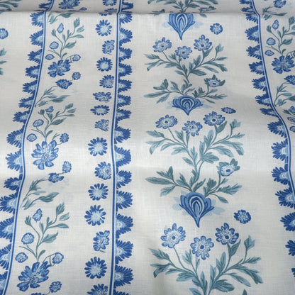 100% LINEN Fabric Floral stripe blue green white - french linen floral upholstery home textile Victorian fabrics 2153