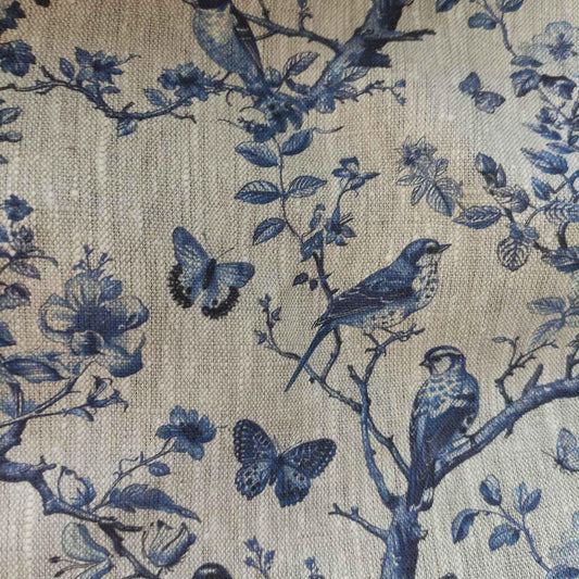 100% LINEN Fabric french blue block print on oatmeal natur linen, floral toile de jouy fabric, French linen floral upholstery