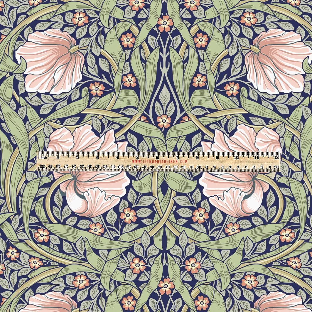 100% LINEN Fabric UPHOLSTERY 12oz - William Morris Pimpernel green pink colorful print - Victorian art craft - floral upholstery 206