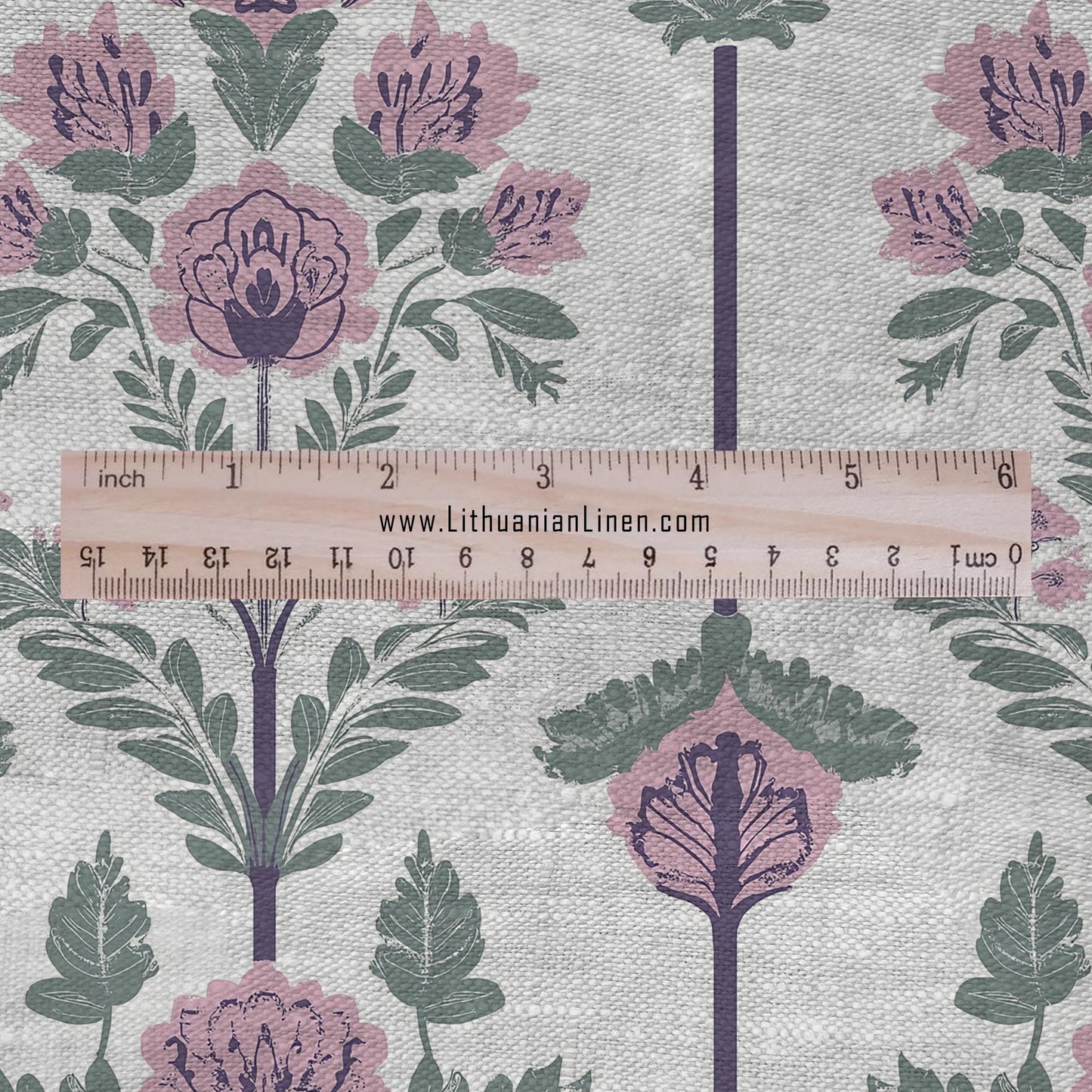 100% LINEN Fabric preppy pink stripes - floral geometric print on oatmeal linen for home decor sewign dress clothing 2861