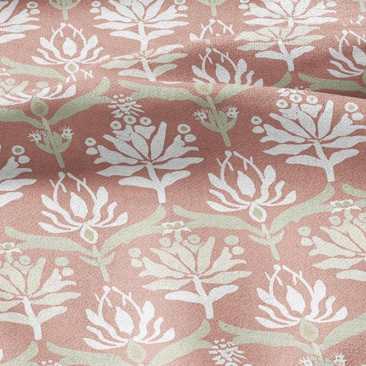 100% LINEN Fabric block print in preppy pink - floral print on white - heavy linen fabric for upholstery home decor 2592