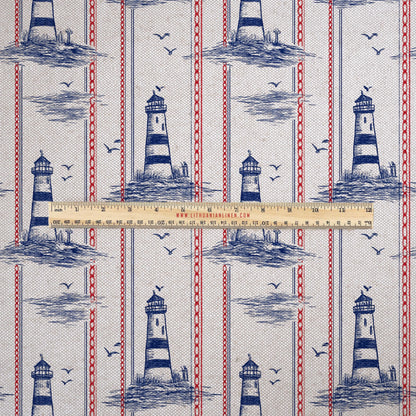 100% LINEN Fabric UPHOLSTERY 12oz - lighthouse blue red print on linen - Modern vintage Victorian coastal marine upholstery 2777