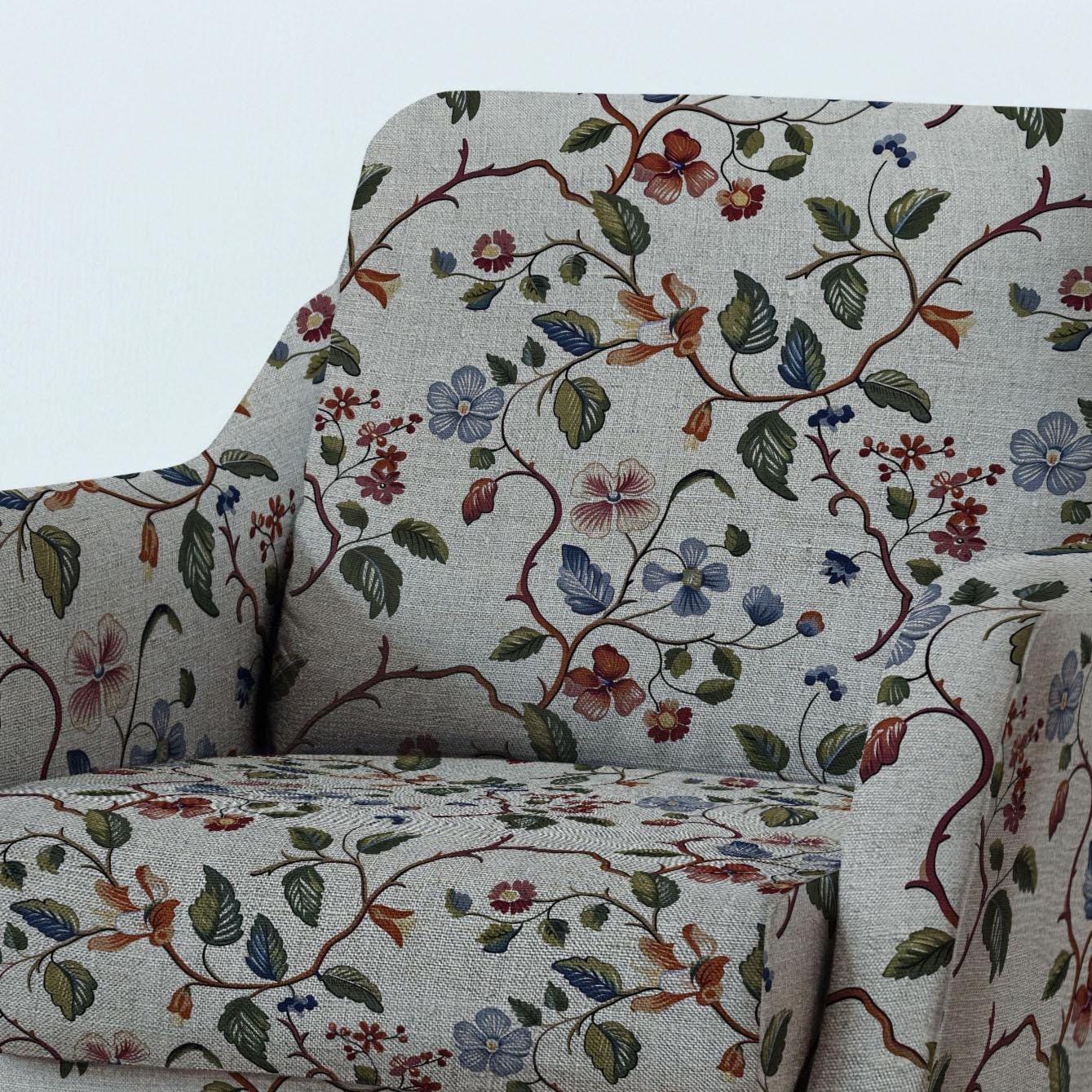 100% LINEN Fabric UPHOLSTERY 12oz - Large flower print on linen - Modern vintage pattern green brown red floral field 317