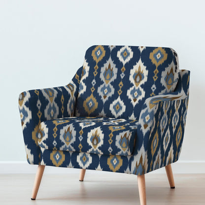 100% LINEN Fabric UPHOLSTERY 12oz - Navy brown ikat stripe print on linen 2972