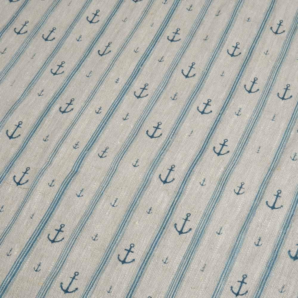 100% LINEN Fabric Anchor stripe print on oatmeal linen - Marine blue gray heavy for upholstery - medium weight linen dress making 2764