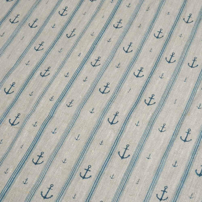 100% LINEN Fabric Anchor stripe print on oatmeal linen - Marine blue gray heavy for upholstery - medium weight linen dress making 2764