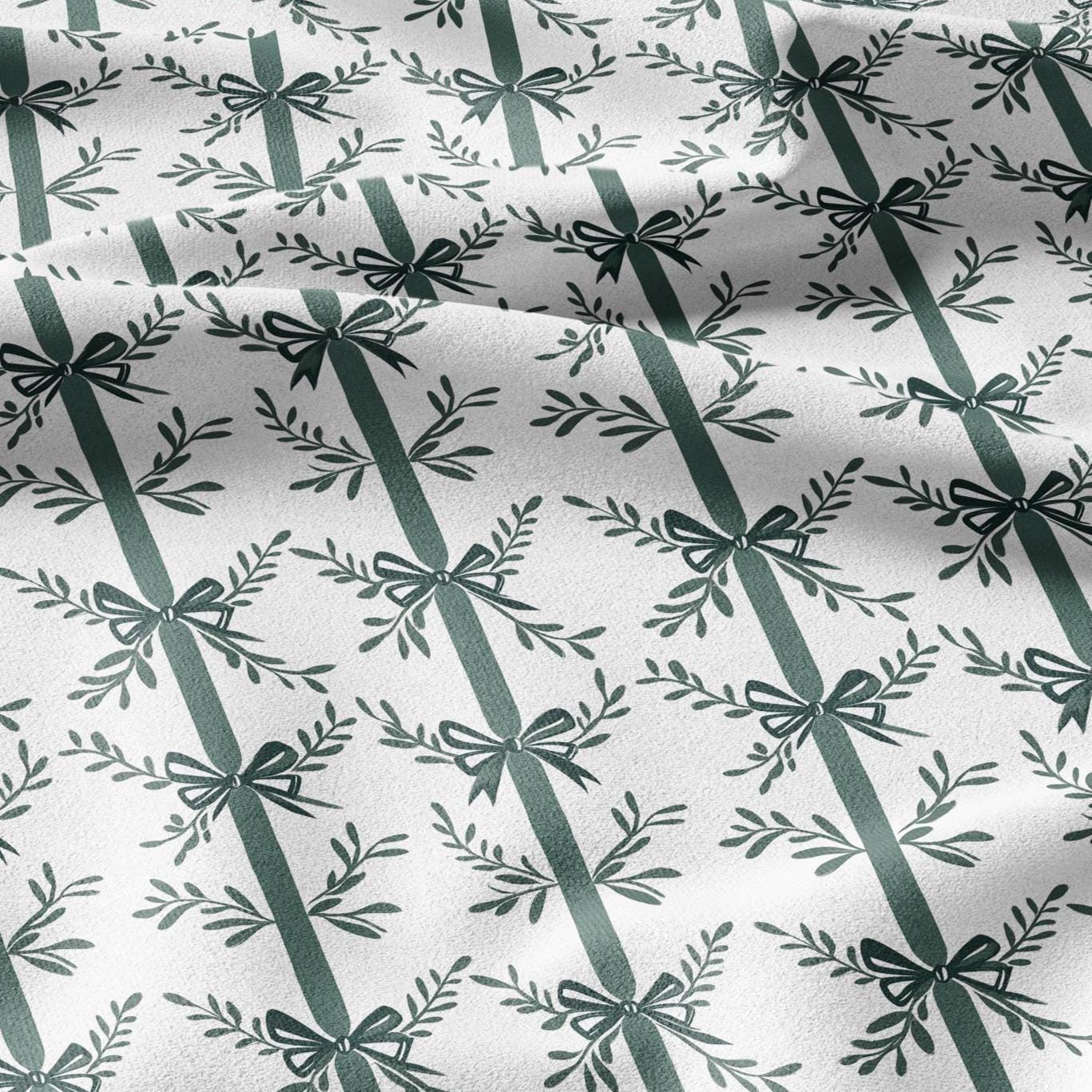 100% LINEN Fabric Green bow block print on white -  heavy linen fabric for upholstery home decor or medium for dress making 2129