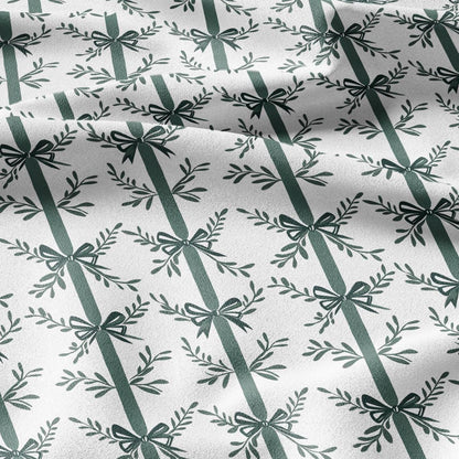 100% LINEN Fabric Green bow block print on white -  heavy linen fabric for upholstery home decor or medium for dress making 2129