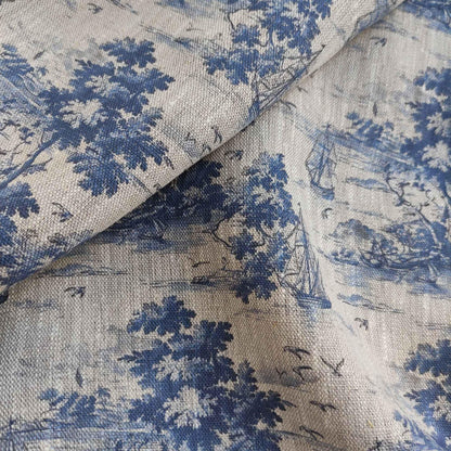 100% LINEN Fabric Toile de Jouy with ship and island print, oatmeal natur linen  with blue indigo coastal print, linen fabric home decor