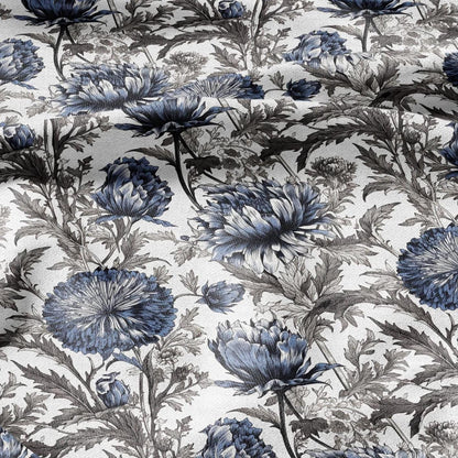 100% LINEN Fabric blue flower print on white linen - Floral print flax fabric for uphlstery heavy / medium for clothing 2575