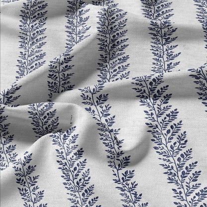 100% LINEN Fabric french blue floral stripe print on white linen - tree leaves on flax fabric for uphlstery heavy / medium for clothing 2580