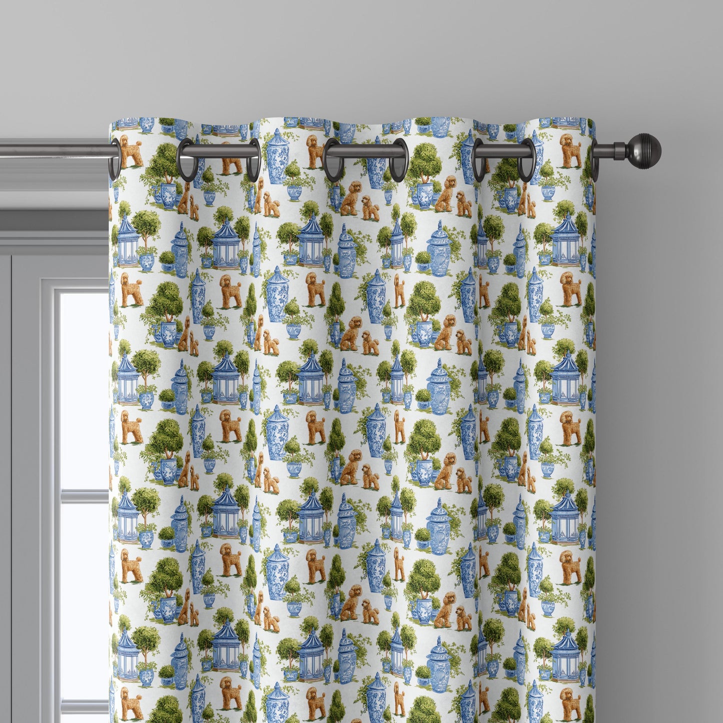 100% linen fabric poodle dog print - Vintage toile de jouy blue green botanical  - Historical chinoiserie topiary 3348