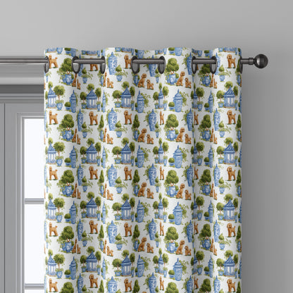 100% linen fabric poodle dog print - Vintage toile de jouy blue green botanical  - Historical chinoiserie topiary 3348