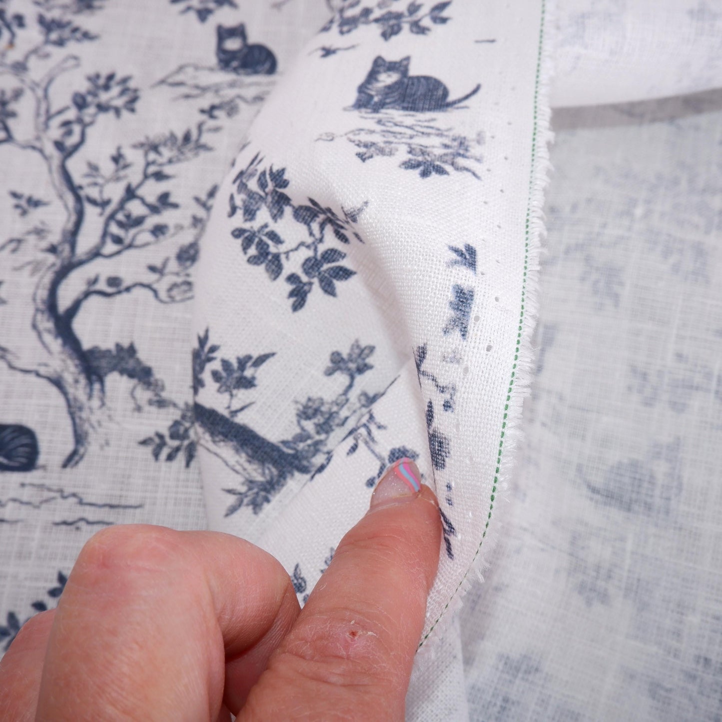 100% LINEN Fabric Toile de Jouy trees with cats - linen fabric with indigo blue print - French linen fabric upholstery dress making curtains