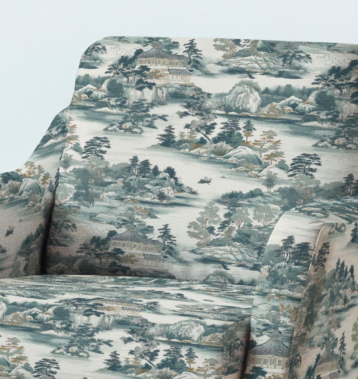 100% LINEN Fabric UPHOLSTERY 12oz - Takayama Japanese landscape blue green print - toile de jouy - scenery pine floral upholstery 2925