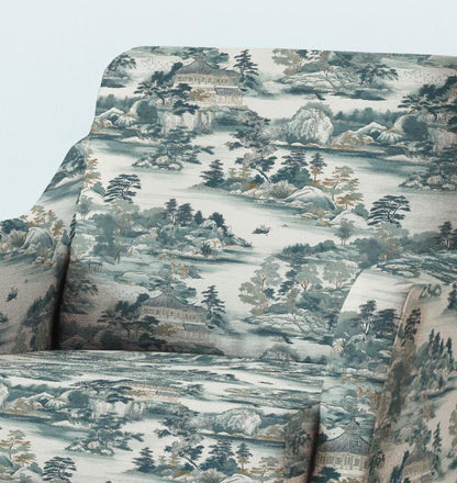 100% LINEN Fabric UPHOLSTERY 12oz - Takayama Japanese landscape blue green print - toile de jouy - scenery pine floral upholstery 2925