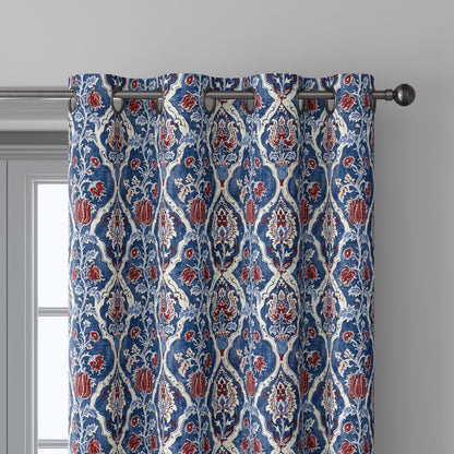 100% LINEN Fabric Indigo Garden Linen  - Hand-Drawn Floral Lattice - Indigo & Madder Floral 3424