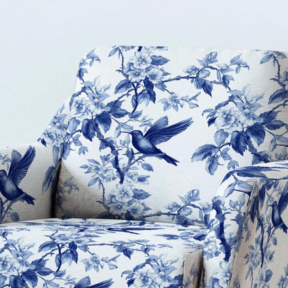 100% LINEN Fabric UPHOLSTERY 12oz - Humminbird blue white print on linen - tree blossom scenery floral upholstery 2280