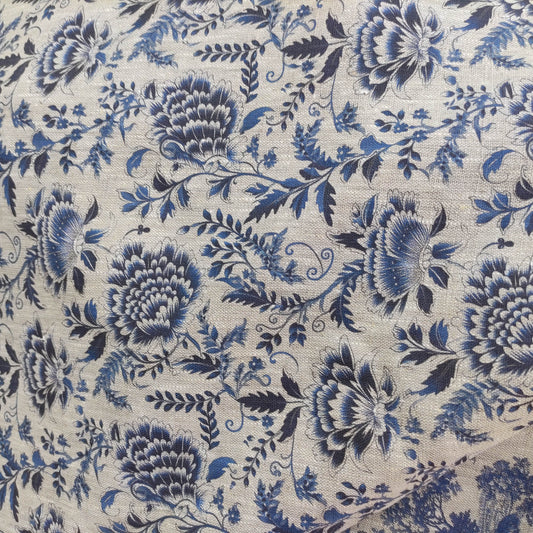 100% LINEN Fabric indigo blue on oatmeal natur linen, white botanical chinoiser fabric, French linen floral