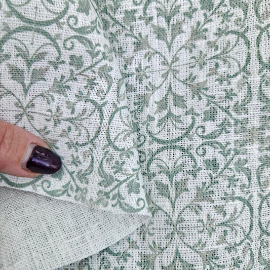100% LINEN Fabric block print sage green on white - heavy linen fabric for upholstery home decor or medium for clothing 2559