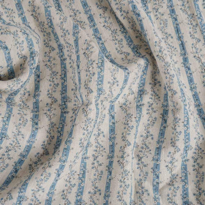 100% LINEN Fabric floral stripe block print on oatmeal linen - blue gray heavy fabric for upholstery - medium weight linen dress making 2502