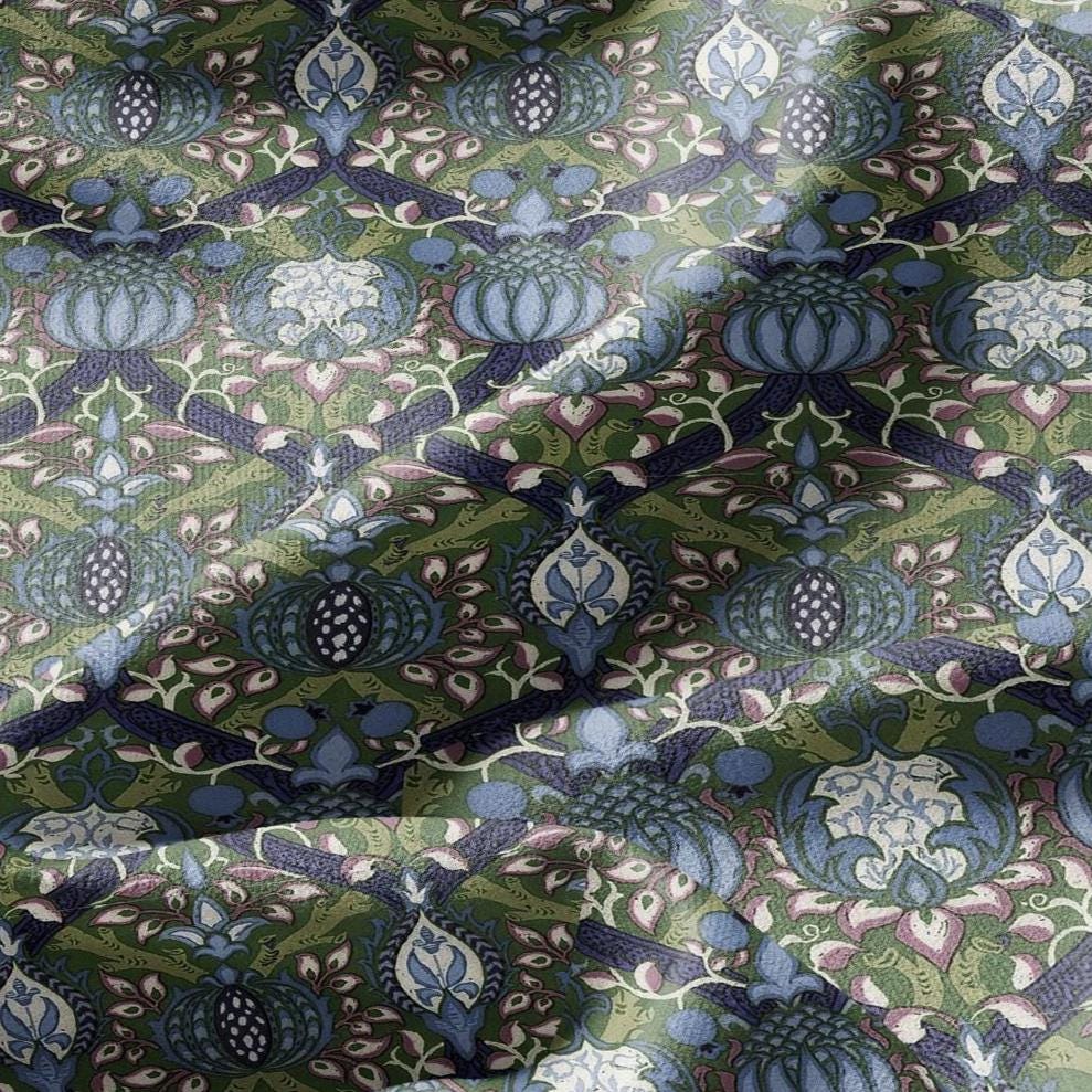 100% LINEN Fabric William Morris Granada print - British Victorian floral green blue 3207
