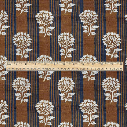 100% LINEN Fabric Brown blue flower block print - botanical textile artisan fabrics  3800