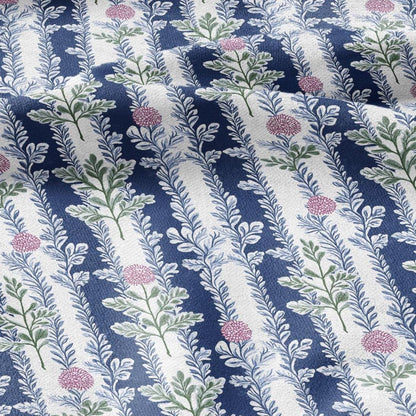 100% LINEN Fabric Floral stripe blue pink white - french botanical floral upholstery home textile Victorian fabrics 3092