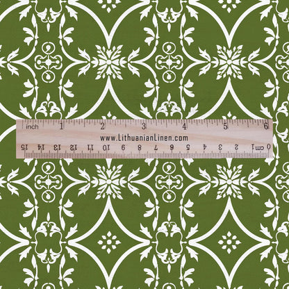 100% LINEN Fabric green floral print - geometric block print -  2874