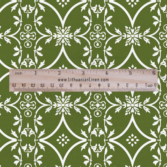 100% LINEN Fabric green floral print - geometric block print -  2874