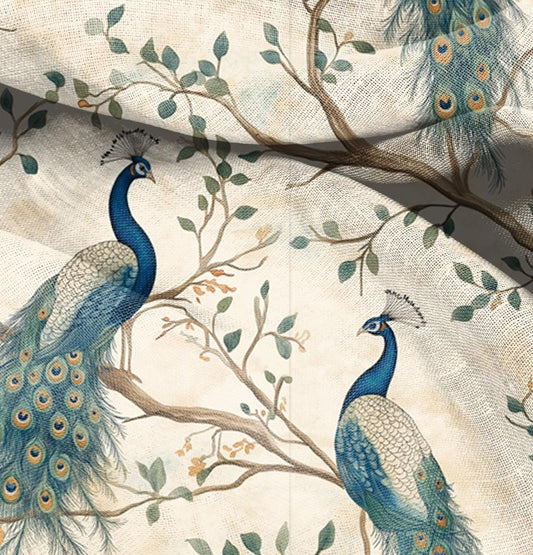 100% LINEN Fabric oriental pritn with peacock,  linen fabric with botanical print, heavy linen fabric for upholstery home decor