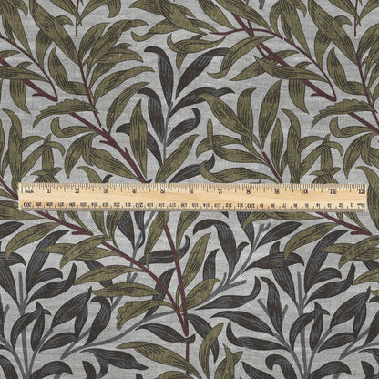 100% LINEN Fabric William Morris Bough Willow khaki gray - oatmeal linen fabric with botanical print - Victorian Art Craft Historical 3217