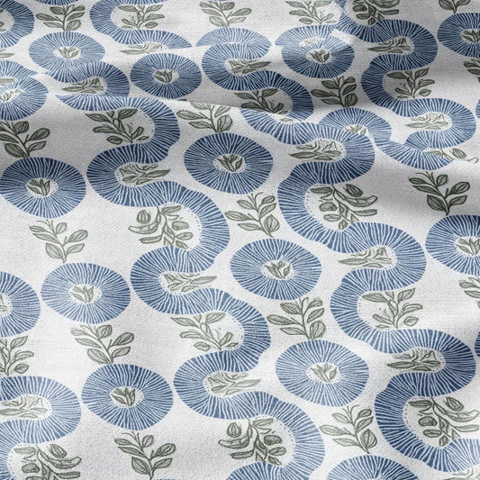 100% LINEN Fabric Squirl stripe white blue green floral print - modern vintage vegetable fabric for upholstery or home decor 2952