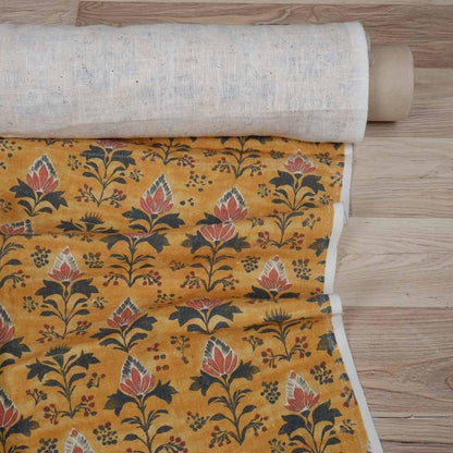 100% LINEN Fabric block print in mustard yellow - linen fabric floral print - light upholstery home decor dressmaking sewing 2079