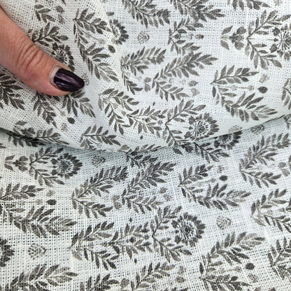 100% LINEN Fabric block print grey white - heavy linen fabric for upholstery home decor or medium for clothing 368W